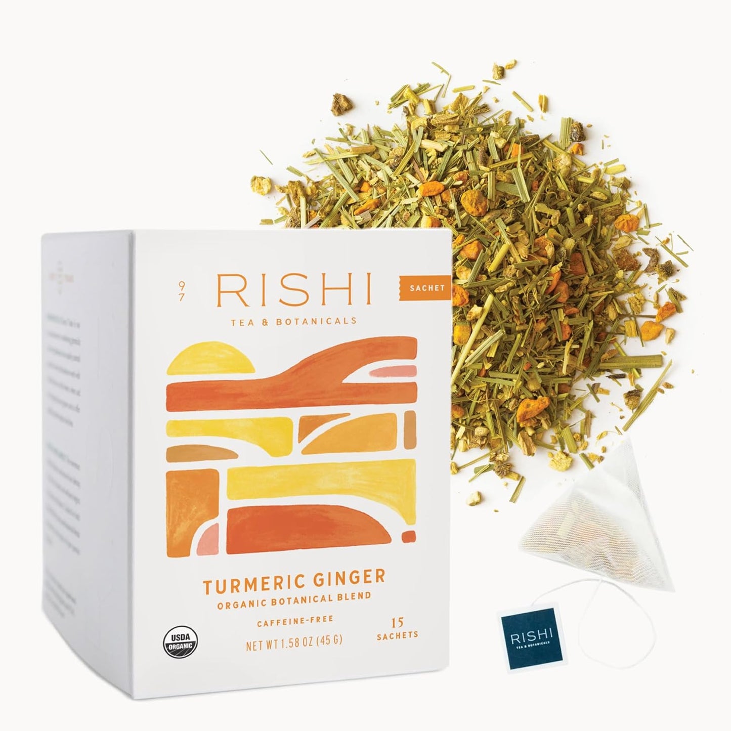Rishi Tea Turmeric Ginger Herbal Tea - Organic Sachet Bags, Caffeine Free Blend with Spicy Ginger & Citrus, Hot or Iced - 50 Count (Pack of 1)