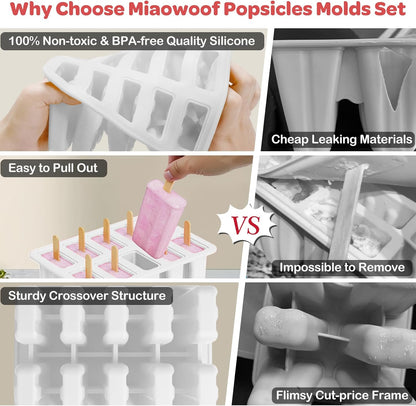Miaowoof Homemade Popsicle Molds, 10-Cav Non-BPA Silicone Ice Pop Maker, with 50 Sticks, 50 Bags, 10 Reusable Sticks, Funnel, Brush and Ice Pop Recipe (Red)