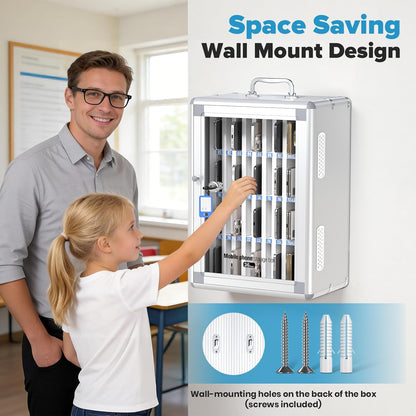 24 Slots Cell Phone Locker, Classroom Phone Storage Cabinet with Key, 【Wall Mounted】 【Aluminum Alloy】 Phone Lock Box, Mobile Phone Lockbox with Handle for School Office Exam(Silver)