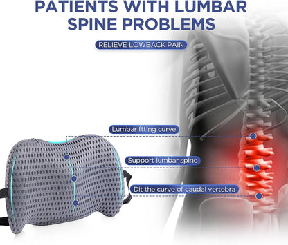 Lumbar Support Pillow for Office Chair, Car Lumbar Pillow Lower Back Pain Relief, Memory Foam Back Cushion with 4D Mesh Cover and Adjustable Straps, Ergonomic Chair Back Pillow for Car,Bed, Gaming