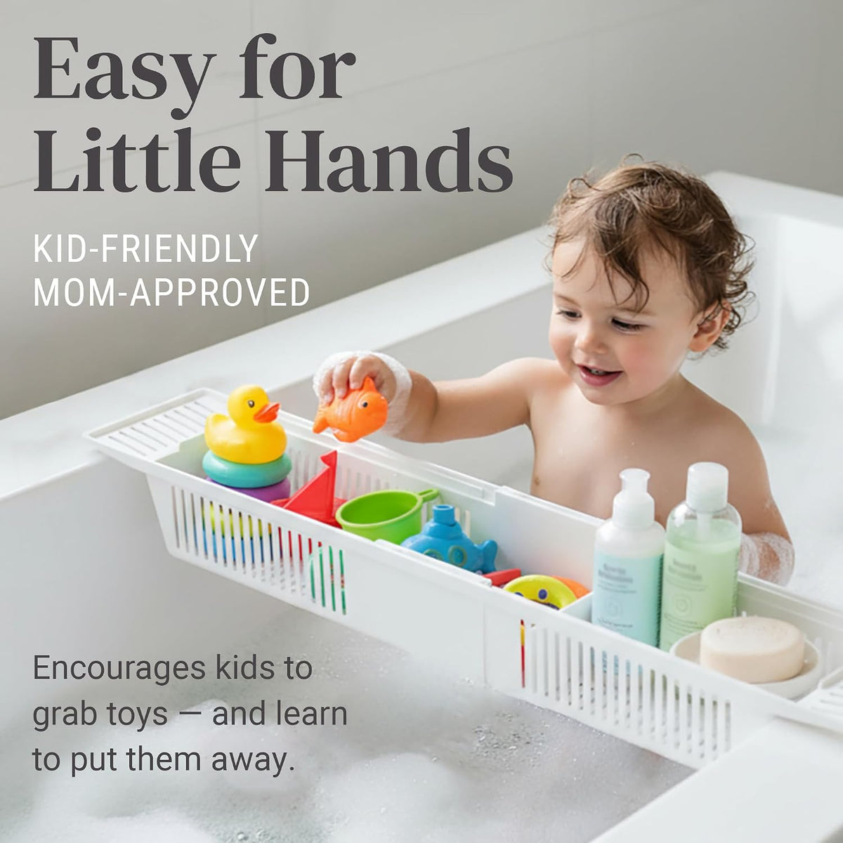 KidCo Bath Toy Organizer Storage Basket, 3 Compartment Horizontal Large Openings Bath Toy Organizer for Tub, Large Capacity Bath Toy Organizer with Large Openings, White