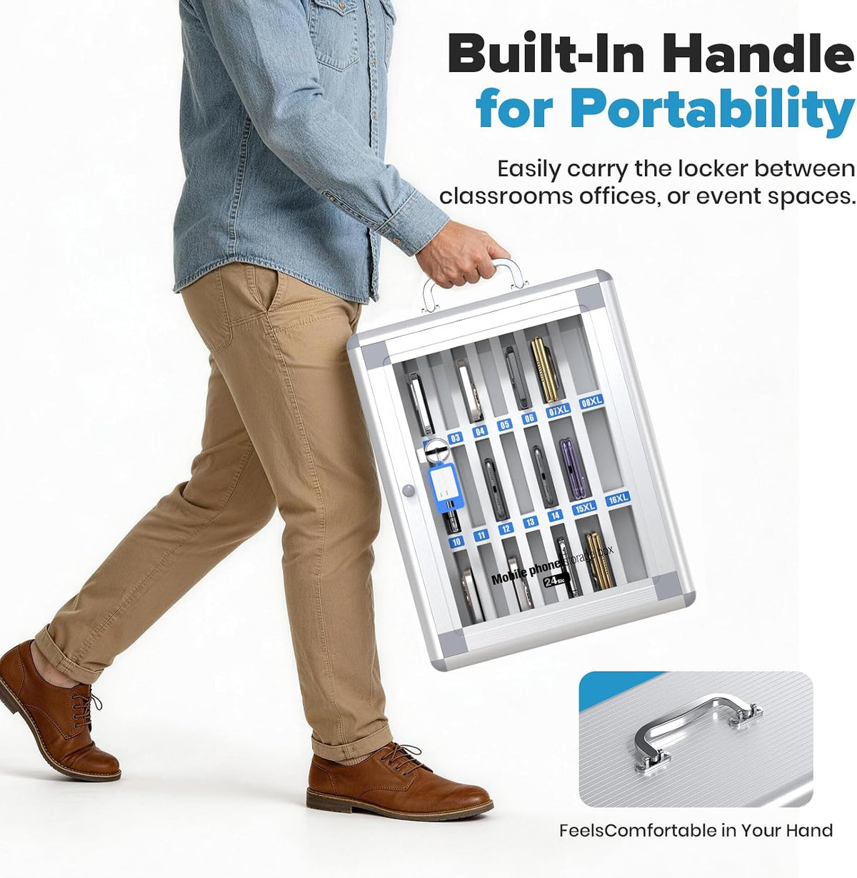 24 Slots Cell Phone Locker, Classroom Phone Storage Cabinet with Key, 【Wall Mounted】 【Aluminum Alloy】 Phone Lock Box, Mobile Phone Lockbox with Handle for School Office Exam(Silver)