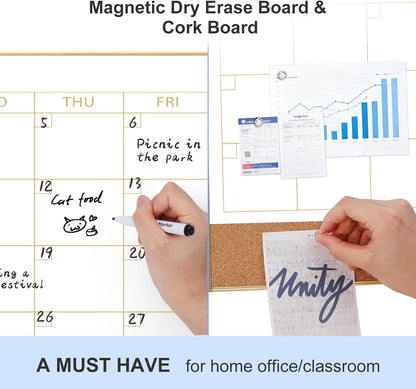 ARCOBIS Dry Erase Calendar with Cork Board for Wall, 24"x 18" Magnetic Calendar Whiteboard with Black Frame, Monthly Combination Board for School, Home, Office