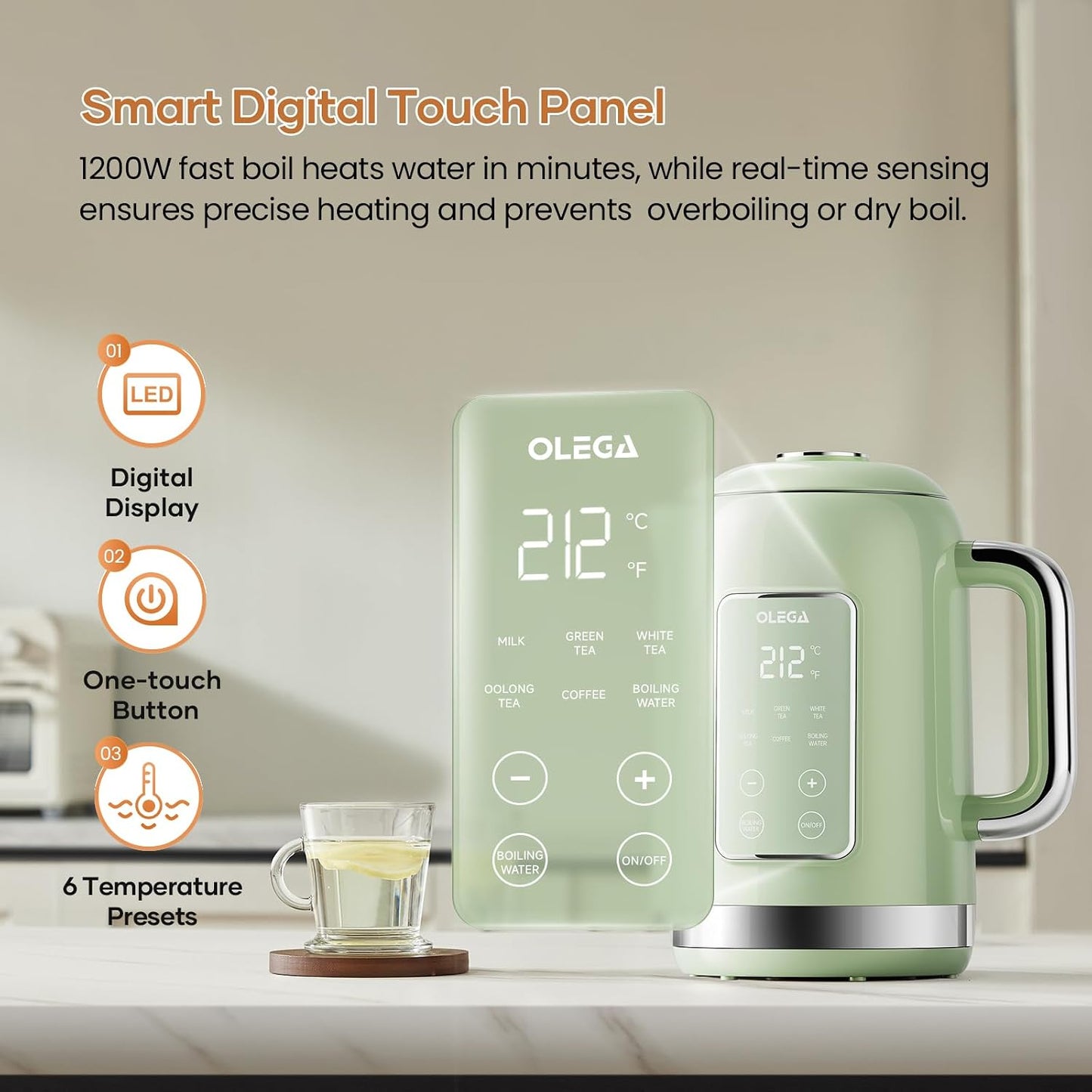Electric Kettle Temperature Control: OLEGA 1.5L Stainless Steel Smart Kettle Hot Water Boiler, 6 Temp Presets, 1200W Fast Boiling Electric Tea & Coffee Kettle, Electric Kettles Teapot for Home -Green