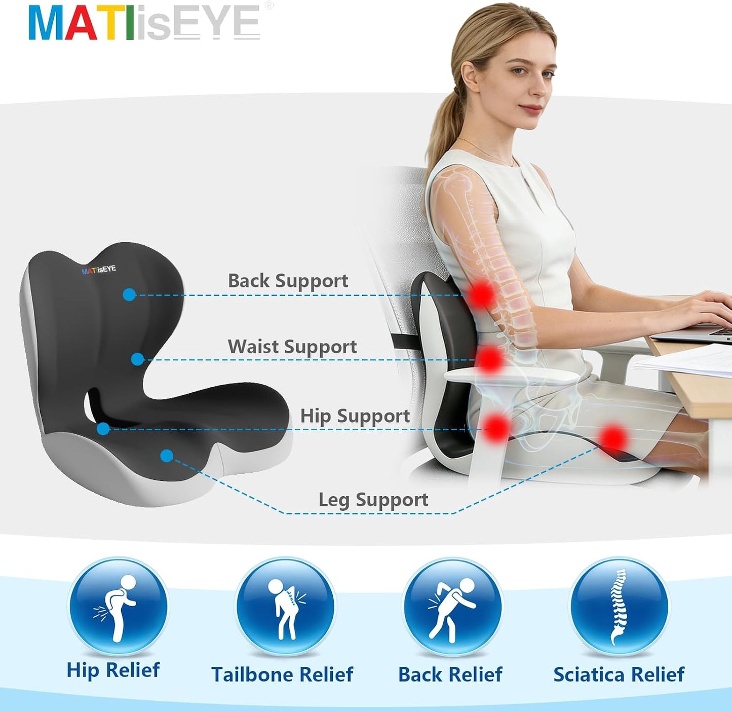 2026 Upgraded Orthopedic Memory Foam Seat Cushion with Adjustable Strap, Coccyx & Sciatica Pain Relief, Washable Non-Slip, Ergonomic Support for Office Chair, Car & Wheelchair (Dark Grey)