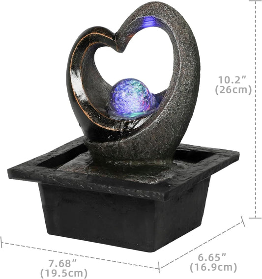Ferrisland Tabletop Water Fountain, Zen Meditation Indoor Waterfall Fountain, Heart Shape Decoration with LED Light for Home Office Bedroom Relaxation Decor, Gift Ideas