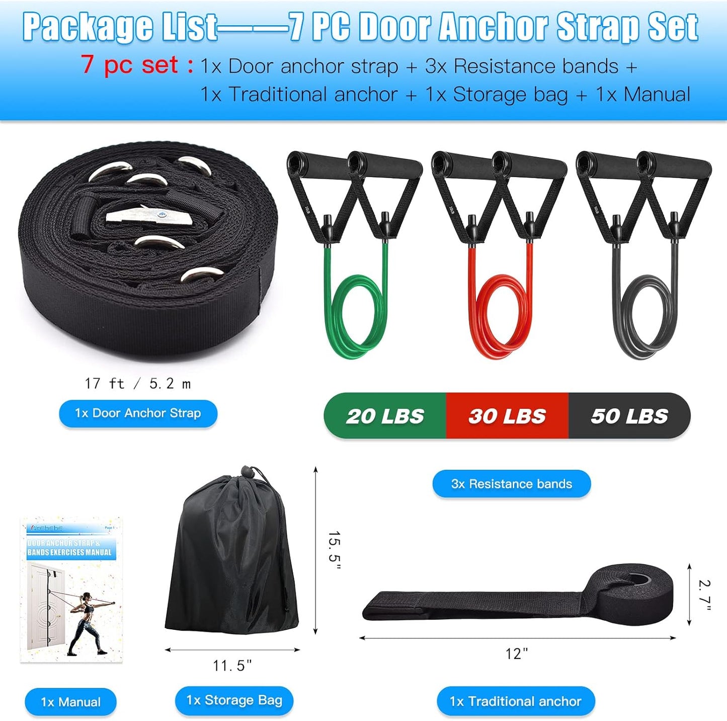 Brebebe Door Anchor Strap for Resistance Bands Exercises, Multi Point Anchor Gym Attachment for Home Fitness, Portable Door Band Resistance Workout Equipment, Easy to Install, Punch-Free, Nail-Free