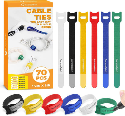 Cable Ties with Writable Labels, Wire Management, Black, 70 PCS, 6 IN
