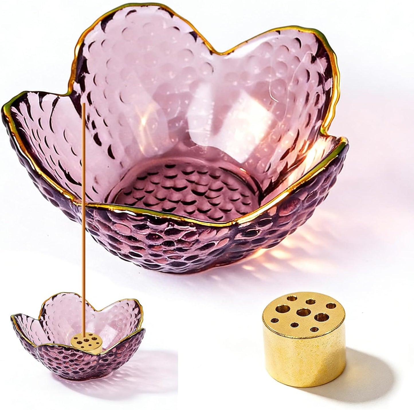 Incense Holder for Sticks and Backflow Incense, Handmade Glass Cherry Blossom Incenses Stick Holder with 9 Incenses Holes Incenses Burner Ash Catcher Ideal for Incense Burning, Home & SPA Decor