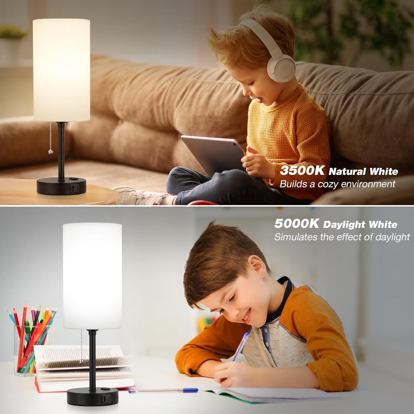 Small Bedside Table lamp for Bedroom - 3 Color Temperatures Bedside Lamps with USB C and A Ports, Pull Chain Table Lamps with AC Outlet, White Nightstand Lamps with Black Metal Base for Kids Reading