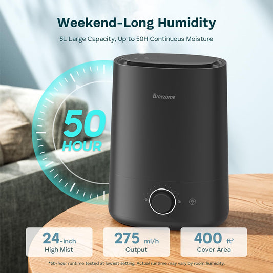 BREEZOME 5L Humidifier for Bedroom 360° Nozzle 50H Runtime Quiet Operation