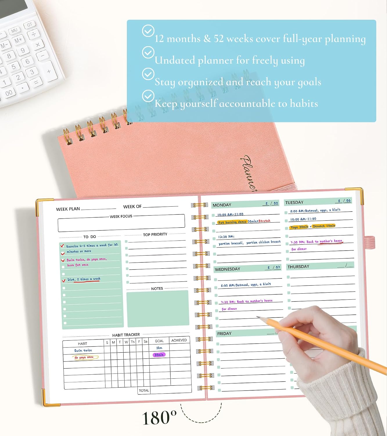 Undated Weekly Planner, Hardcover Leather Weekly & Monthly Calendar Blank Planner, To Do List Notebook with Goal & Habit Tracker Organizer, A5 Daily Planner with Spiral Binding, Ideal for Work School Home, Black
