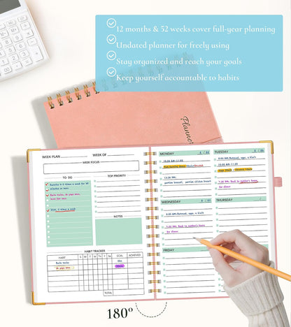 Undated Weekly Planner, Hardcover Leather Weekly & Monthly Calendar Blank Planner, To Do List Notebook with Goal & Habit Tracker Organizer, A5 Daily Planner with Spiral Binding, Ideal for Work School Home, Black