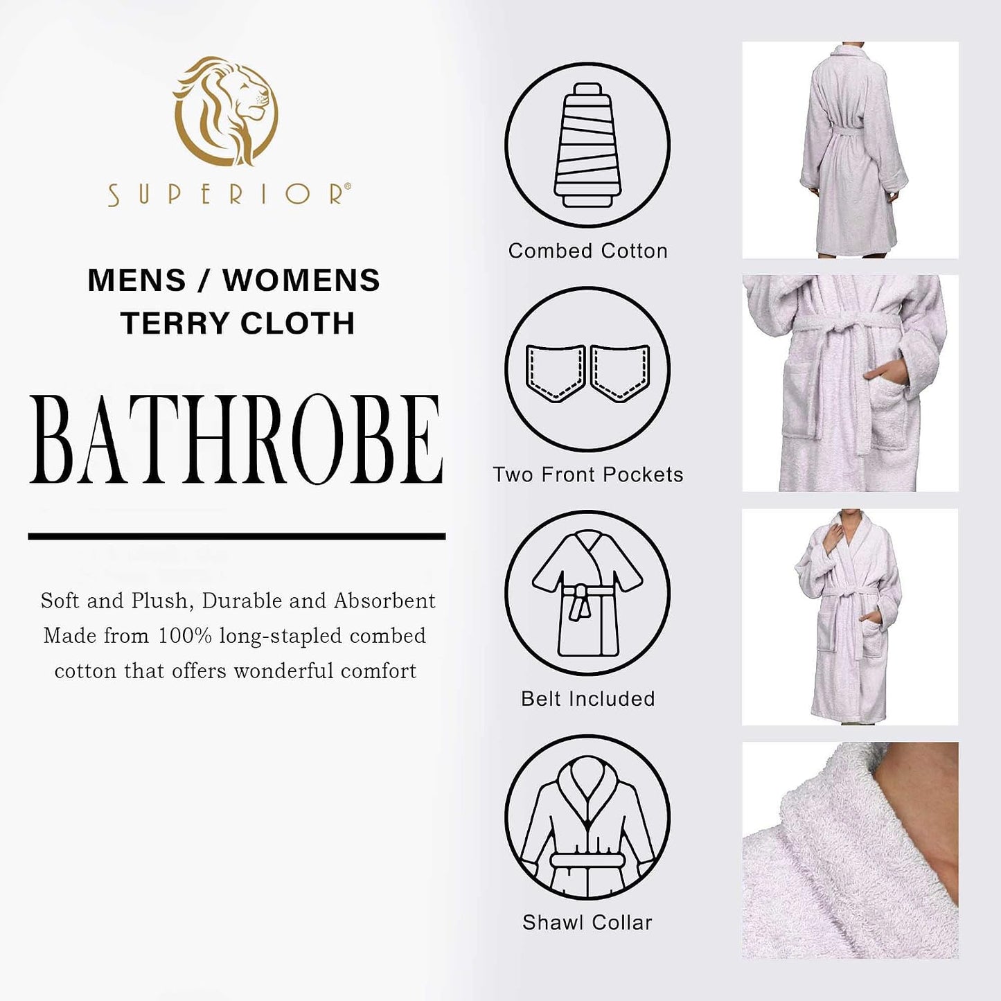 Cotton Unisex Terry Robe, Soft And Absorbent Robes For Men And Women, Bathroom Accessories
