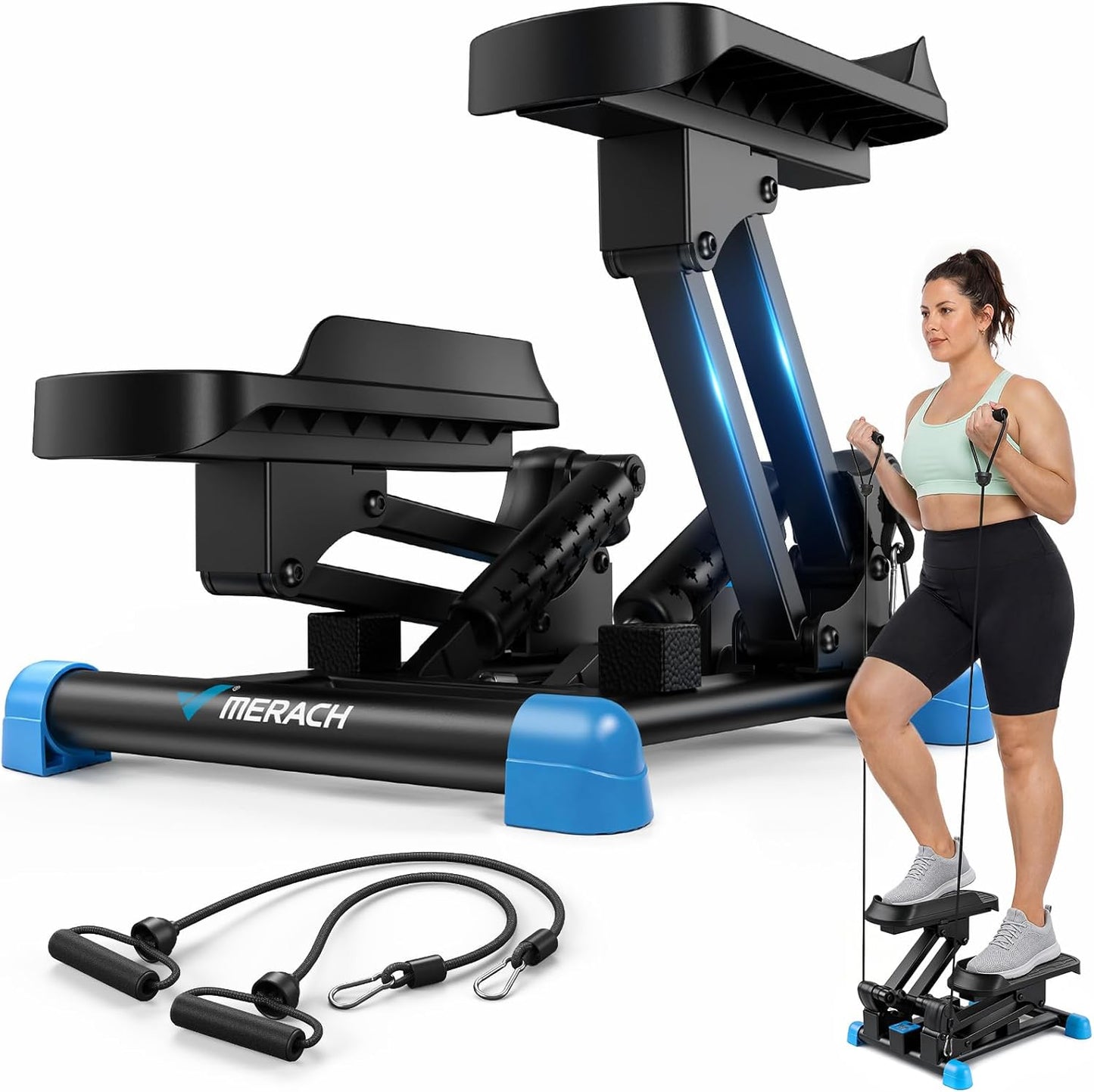 MERACH New 3-in-1 Stair Climber, Mini Steppers for Exercise at Home with Large Stride & Shock Pad Design, with Resistance Bands for Full Body Workout, 330 LBS Capacity Exercise Equipment