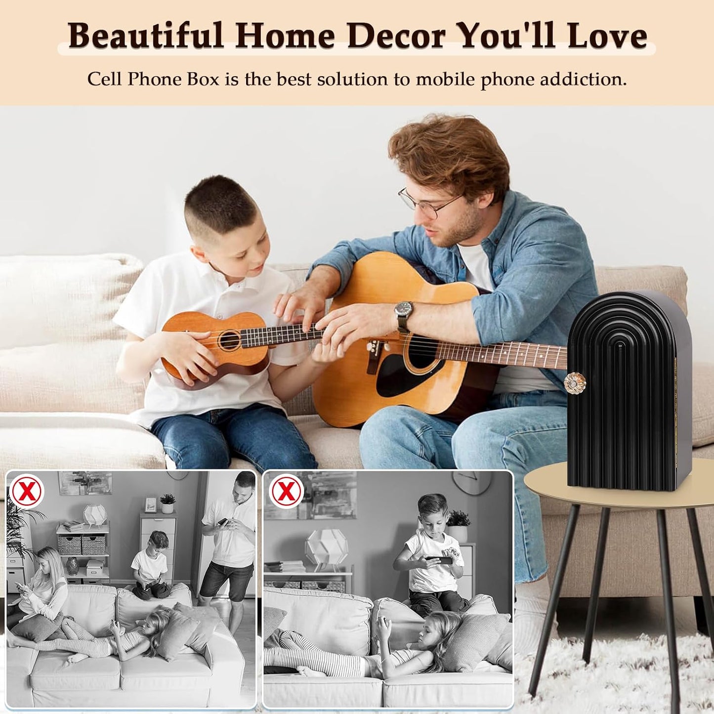 Phone Box for Family Time, Bamboo Cell Phone Jail, 3 Sections Hold 6 Phones, with Charging Holes, Phone Holder Self-Discipline Box, Help Kids Adults Focus Back, Mobile Phone Addiction (White)