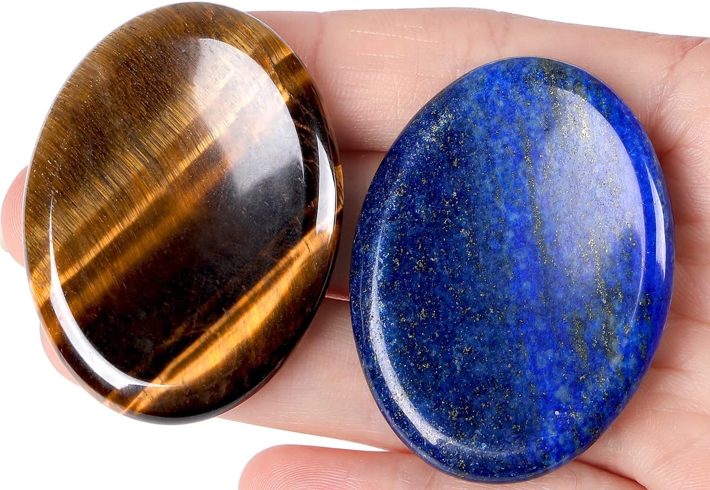 2PCS Worry Stone for Anxiety Tigers Eye Amethyst Healing Crystals Hand Thumb Stones Pocket Gemstones Meditation Accessories Oval Crystal Natural Relax Palm Stone Anxiety Relief Items Stocking Stuffers