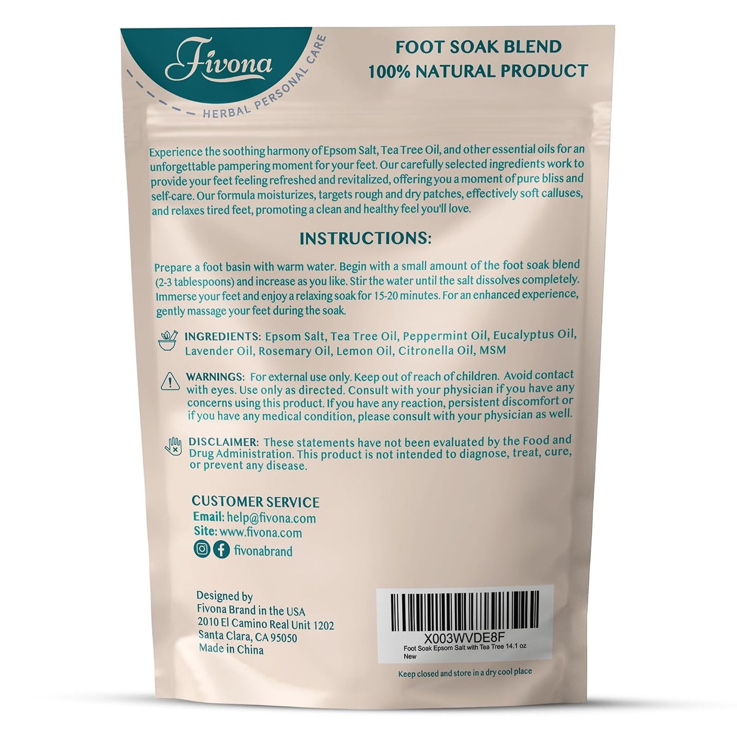 Fivona Tea Tree Foot Soak Blend 14.1 oz - Epsom Salt with Essential Oils for Healthy Toenails, Soothing Relief, Callus Softening - Pedicure Therapy for Soft, Rejuvenated Feet