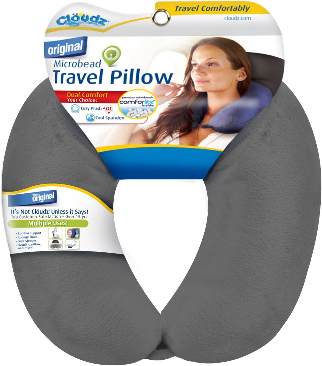 Cloudz Dual Comfort Microbead Airplane Travel Neck Pillow. Super Soft Cozy Plush Fabric on One Side, Cool Relaxing Spandex on The Other! Customize Your Comfort and Support at Home or On The Go!- Blue