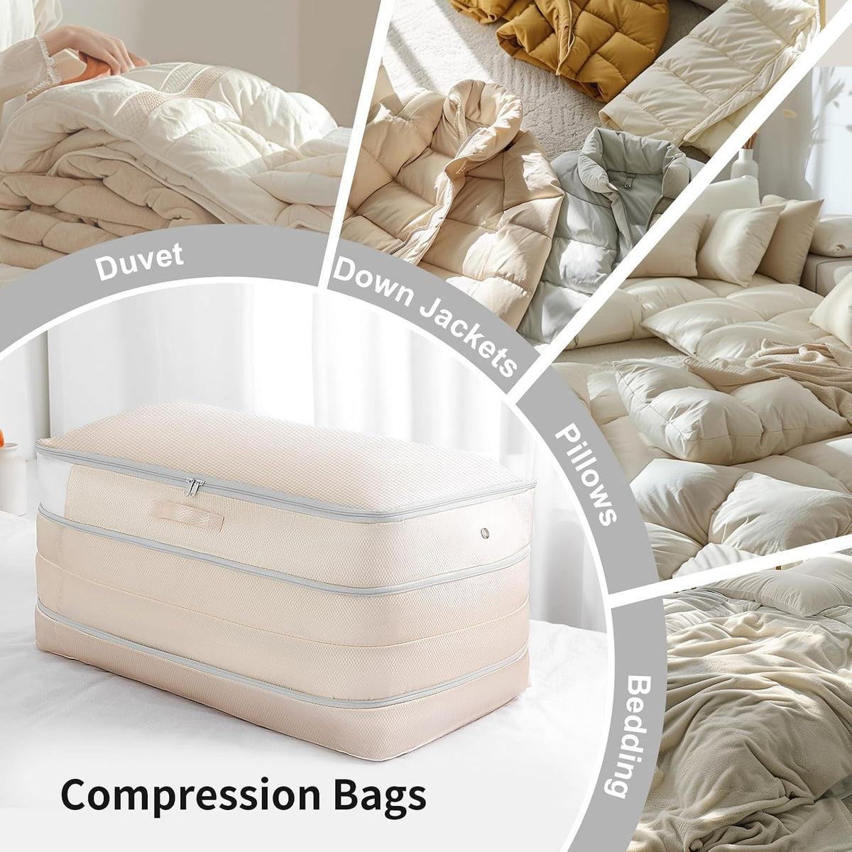 Comforter Storage Bag - Large Capacity Bedding Storage Bags Ultra Space Saving Self Compression Organizer, Washable Compression Bags for Storage Comforter Blanket Duvet Pillow, Beige