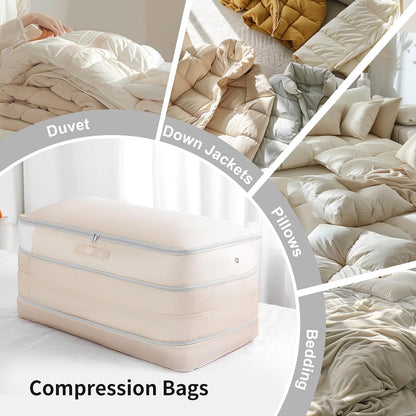 Comforter Storage Bag - Large Capacity Bedding Storage Bags Ultra Space Saving Self Compression Organizer, Washable Compression Bags for Storage Comforter Blanket Duvet Pillow, Beige