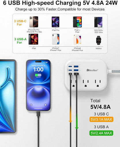 6 USB(3 USB C) Power Strip- Travel Power Strip with 6 USB Desktop Charging Station 24W/4.8A and 3 Outlets, 5Ft Flat Plug Braided Extension Cord, Non Surge Protector for Cruise Ship Travel Office Dorm