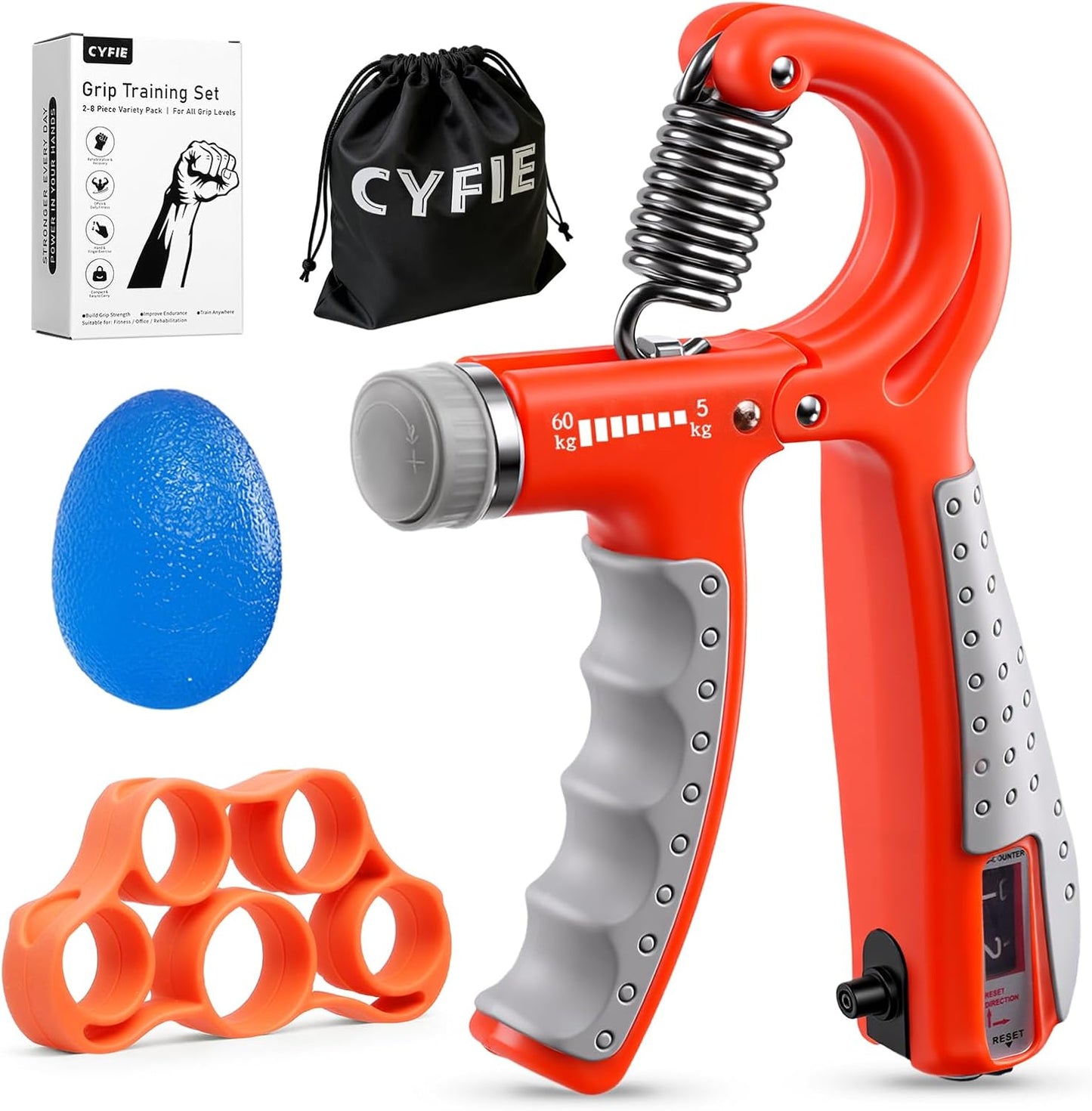 CYFIE Grip Strength Trainer Kit with Adjustable Resistance 10 - 132 Lbs, Forearm Exerciser, Finger Stretcher, Stress Ball, Forearm Strengthener for Workout wuth Storage Bag, Muscle Building and Recovery