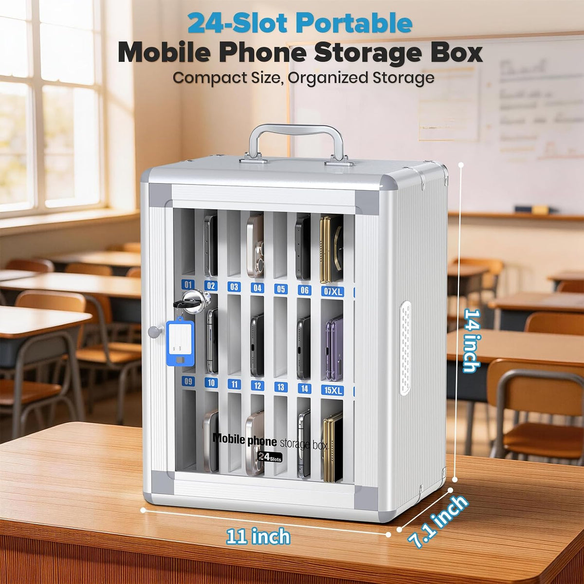 24 Slots Cell Phone Locker, Classroom Phone Storage Cabinet with Key, 【Wall Mounted】 【Aluminum Alloy】 Phone Lock Box, Mobile Phone Lockbox with Handle for School Office Exam(Silver)