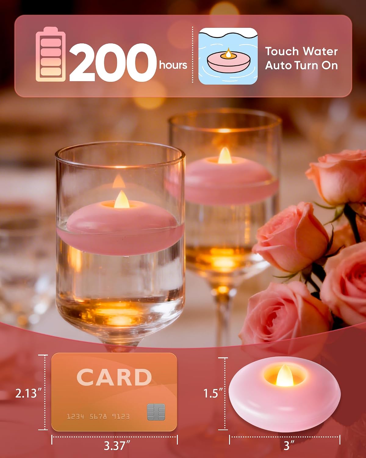 Homemory 24 Pack 3” Flameless Led Floating Candles, 200 Hour White Battery Operate Waterproof Tealights for Cylinder Vases, Centerpieces at Wedding Decor, Party, Pool