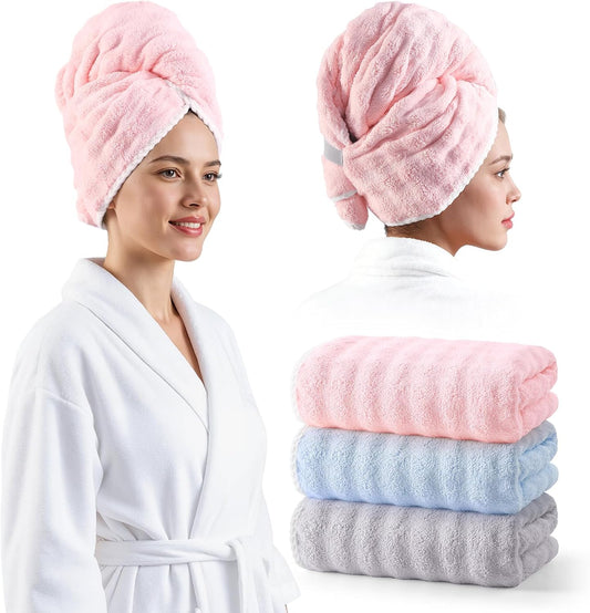 REDKISS 3 Pack Microfiber Hair Towels - Extra Large Hair Towel Wrap for Women, 24x42 inch Hair Towels with Elastic Strap, Super Soft Hair Drying Towels for Long, Thick, Curly Anti Frizz Turbans