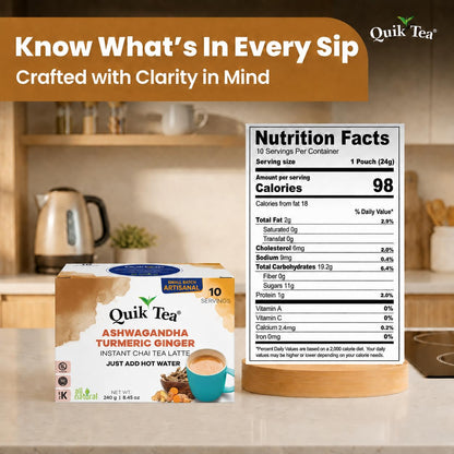 QuikTea Instant Chai Tea Latte Mix, Masala, Unsweetened, 20 Sachets