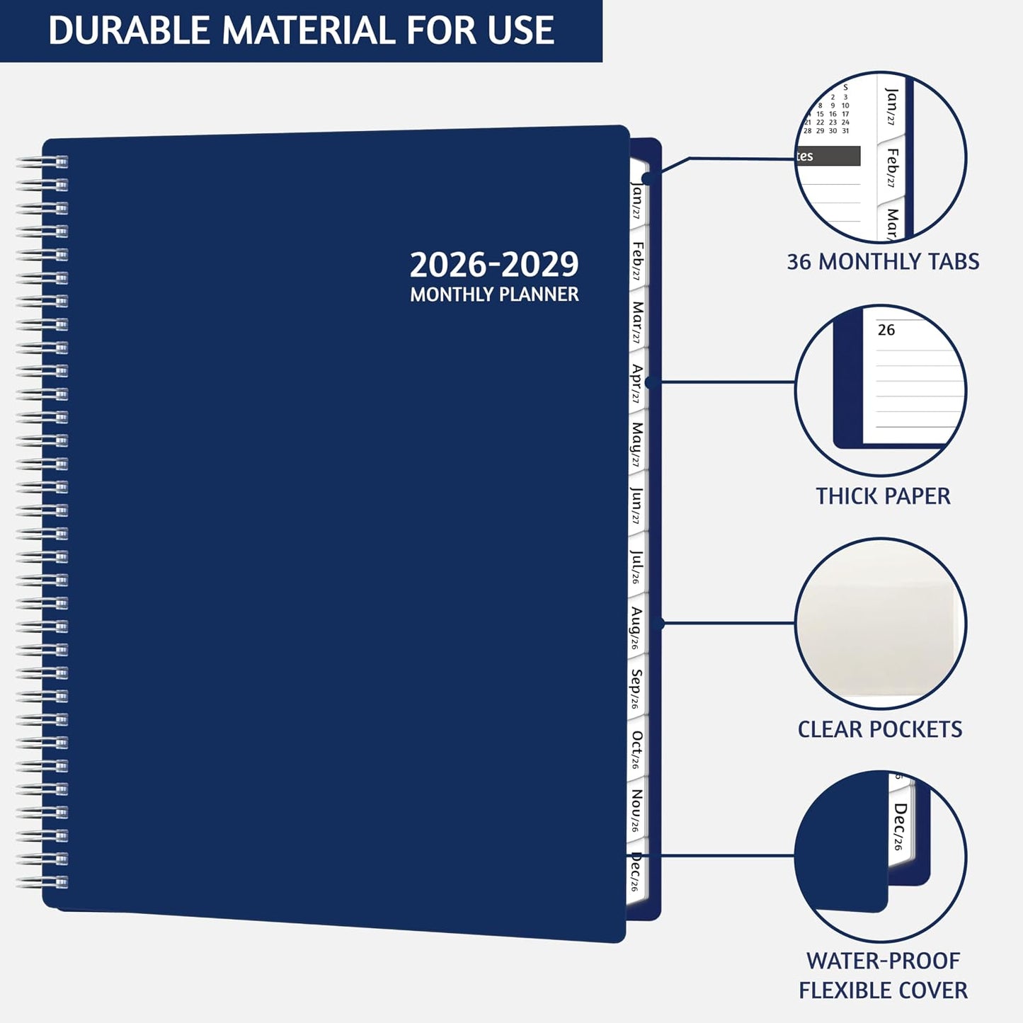 Monthly Planner 2026-2029, 36 Months Calendar Planner 2026-2029 from Jul 2026 – Jun 2029, 8.5'' x 11'' with Ruled Spread, Flexible Cover, Spiral Wirebound, Pocket, Coated Tabs, Notes ＆ Habit Tracker