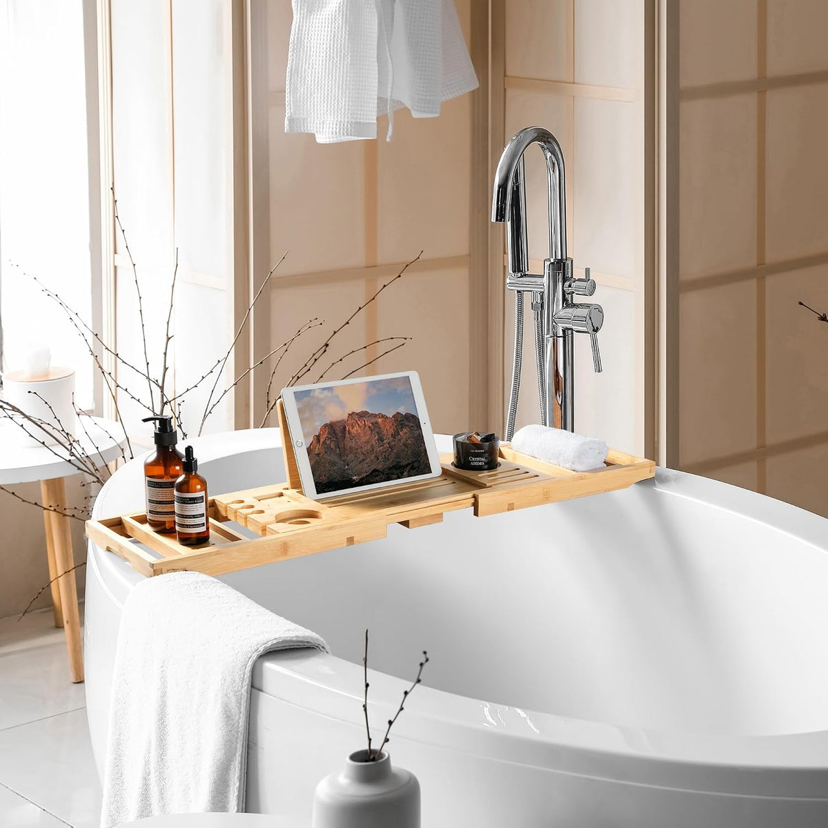Bamboo Bathtub Tray Caddy, Adjustable Walnut Finish 28.5‑40"