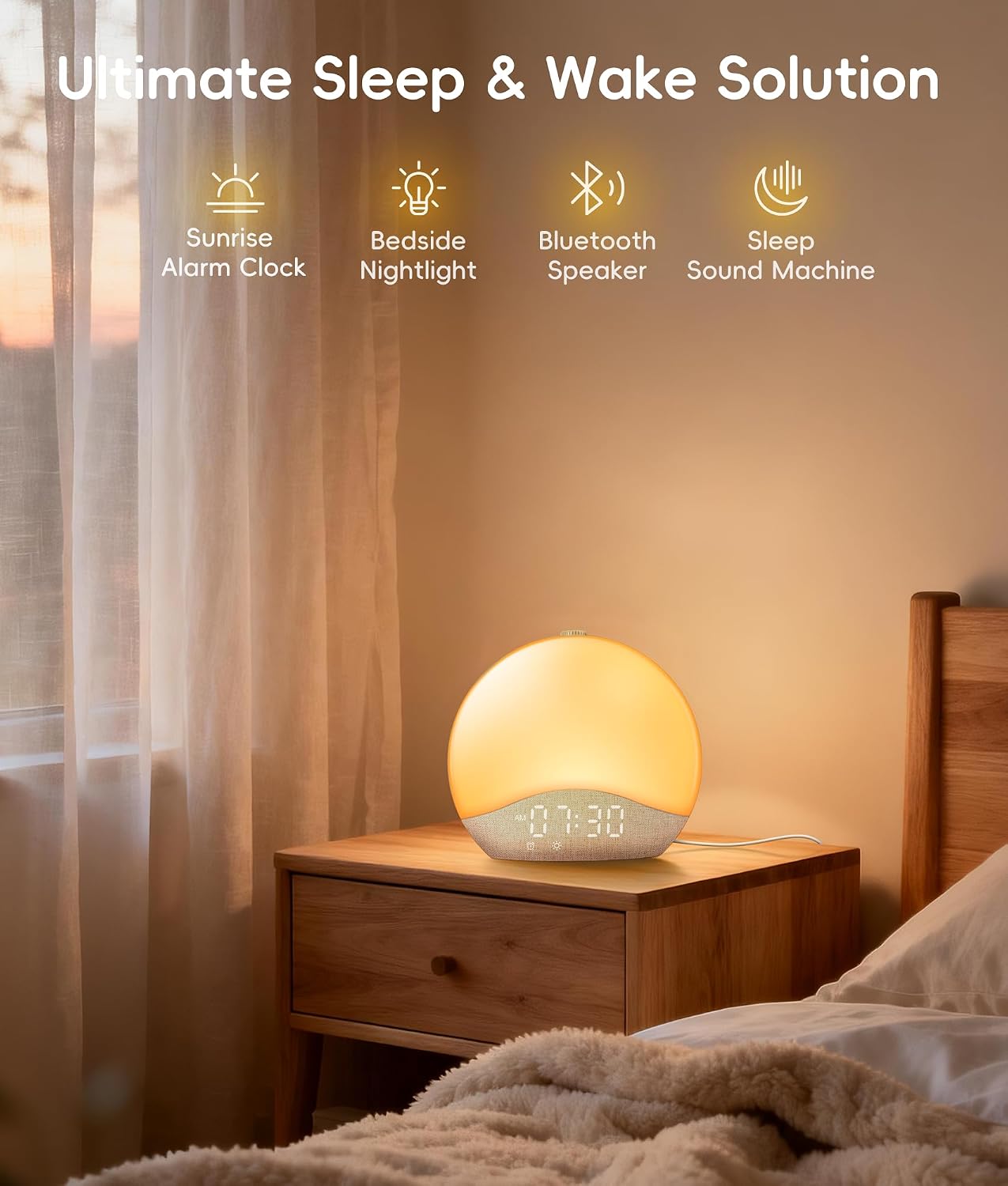 ecozy Sunrise Alarm Clock, White Noise Sound Machine, Alarm Clock for Bedrooms, 26 Soothing Sounds, 17 Night Lights, Bluetooth Speaker, Sunrise Wake-Up Light for Heavy Sleepers, Adults, Kids