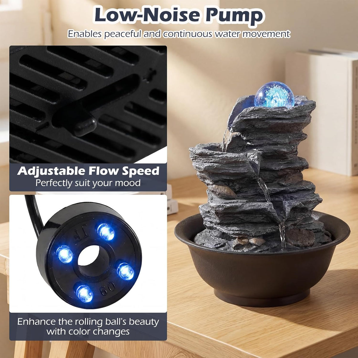 Giantex Tabletop Water Fountain with Warm LED Light, Tiered Rock Waterfall with Pump, Zen Meditation Desktop Decor for Office, Home Relaxation