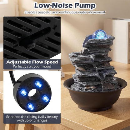 Giantex Tabletop Water Fountain with Warm LED Light, Tiered Rock Waterfall with Pump, Zen Meditation Desktop Decor for Office, Home Relaxation