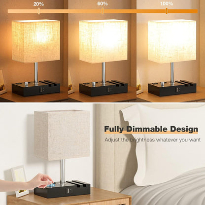 Kakanuo Fully Dimmable Nightstand Lamp for Bedroom with USB C Ports, Grey Small Bedside Table Lamp with Charging Outlets and Phone Stands, Wooden Desk Lamp for Living Room, LED Bulb Included
