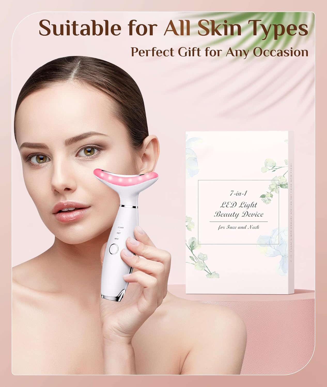 Dopsikn 7 Color Galvanic Machines - Red Light Therapy for Face and Neck, Face Massager Tool for Wrinkles, Double Chin, Vibrating Facial Massager with Thermals, Pink