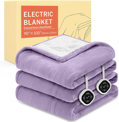 HOMLYNS LuxeHeat Heated Blanket Electric Blanket, Soft Flannel Sherpa Heated Throw, Heating Blanket with 5 Heat Settings, 3 hrs Timer Auto Shut Off (50x60 inches, Purple), Only for 120V Voltage Use