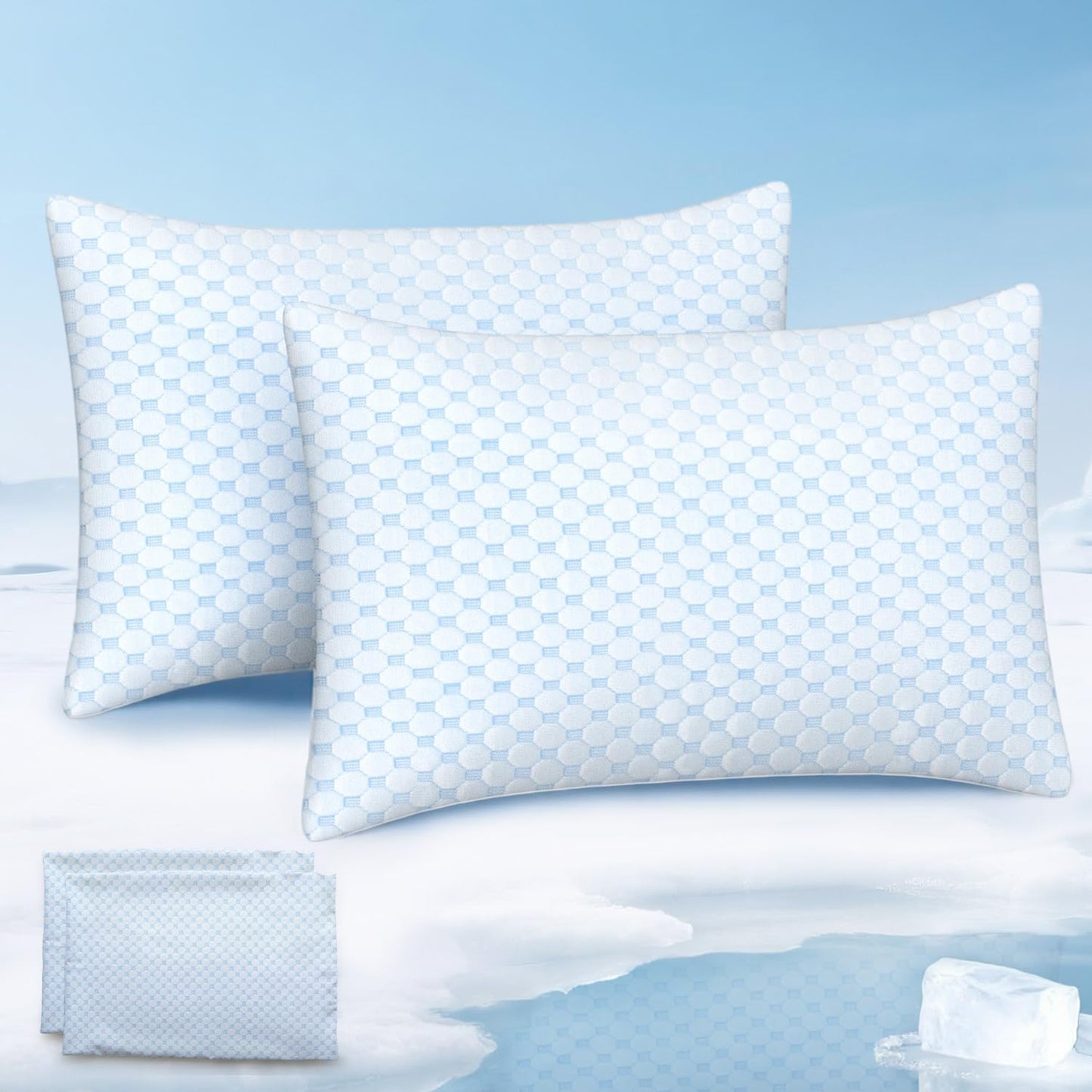 Favocama Cooling Pillow for Sleeping, Shredded Memory Foam Pillows Queen Size Set of 2, Double Sided Cooling Bed Pillows for Hot Sleepers, Side Back and Stomach Sleepers