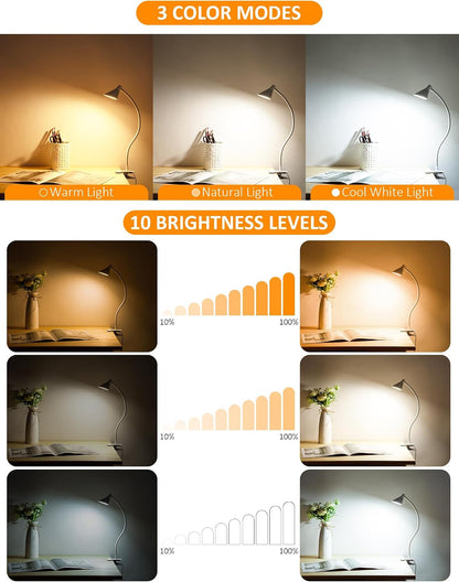 LiFMIRA Clip on Light USB Reading Light Desk Lamp 3 Color Modes Black