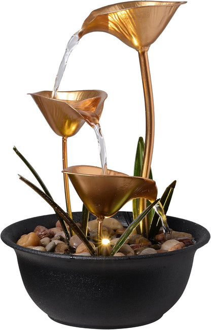 Tabletop Water Fountain Indoor, 10.6" Tiered Bowl Desktop Fountain with LED Light, Modern Zen Metal Waterfall Fountain for Office Desk, Home Office, Bedroom & Living Room Decor, Gold