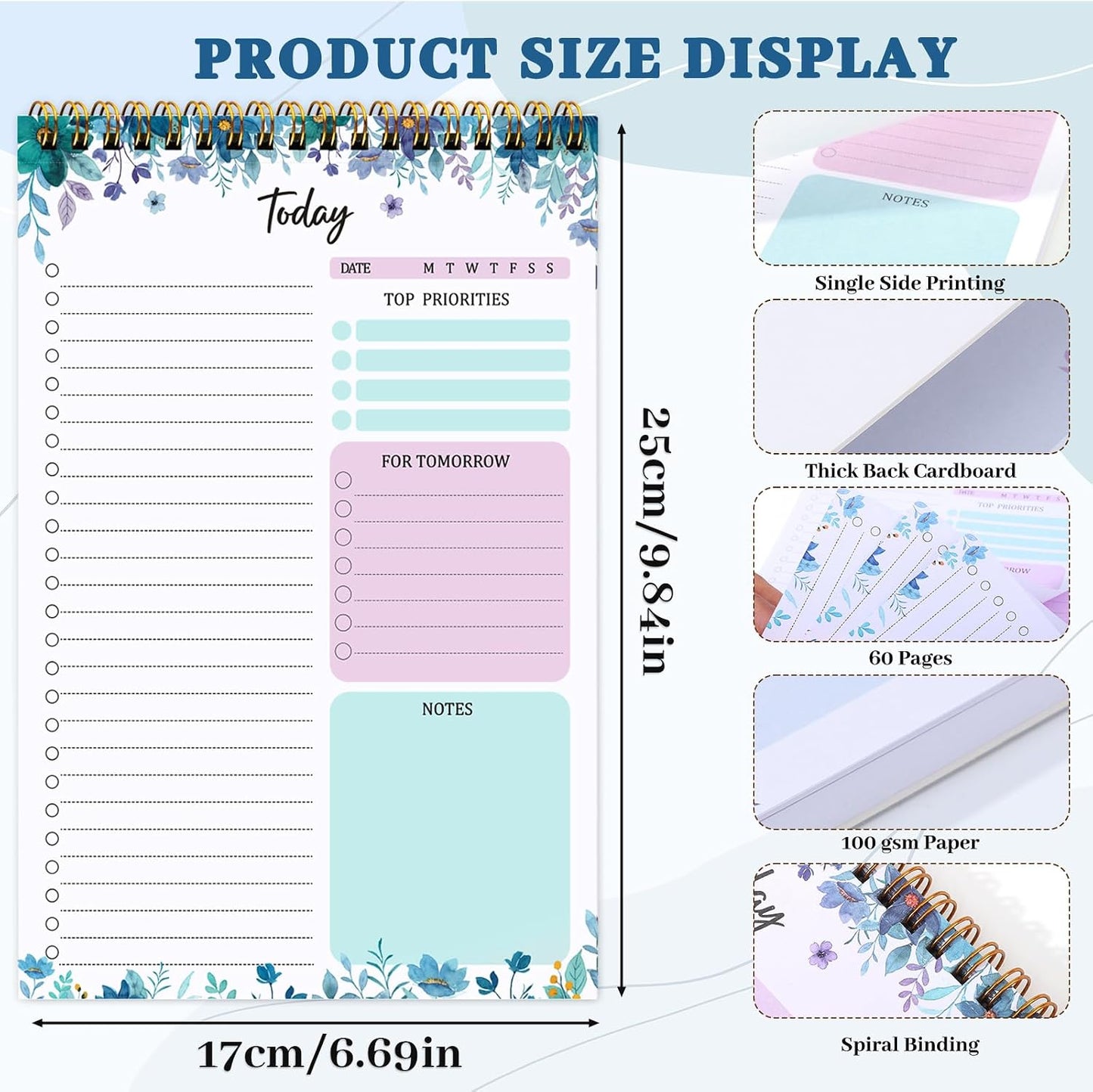 to Do List Notepad, Undated Daily Planner, 120 Pages, 6.7 x 9.8 in | 100 GSM FSC Paper, Plastic Cover, Spiral Bound, Tear-Off Pages, Task Checklist Layout For Home Office School Supplies