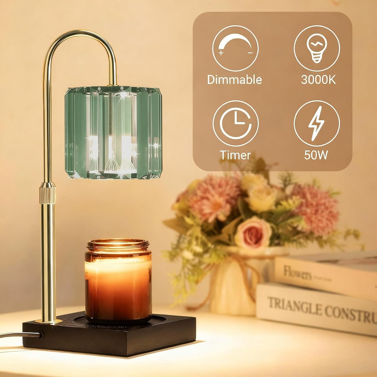 Yuichoy Candle Warmer Lamp with Timer, Dimmable Electric Candle Wamer Adjustable Height, Gifts for Women Mom, Glass Modern Candles Melter Lamp, Black