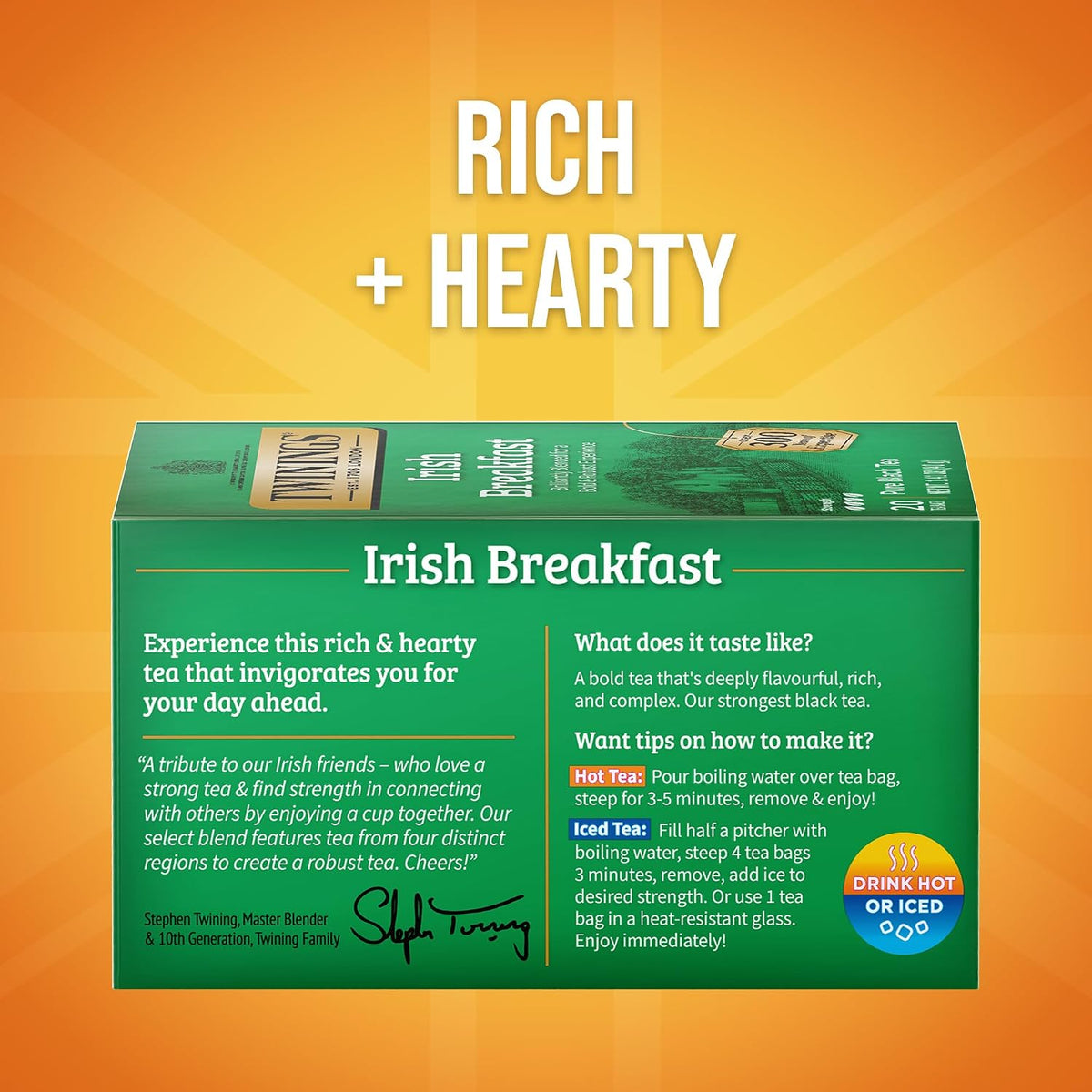 Twinings Irish Breakfast Black Tea Individually Wrapped Bags, 20 Count (Pack of 6), Flavourful, Robust Black Tea, Caffeinated, Enjoy Hot or Iced, 120 Teabags