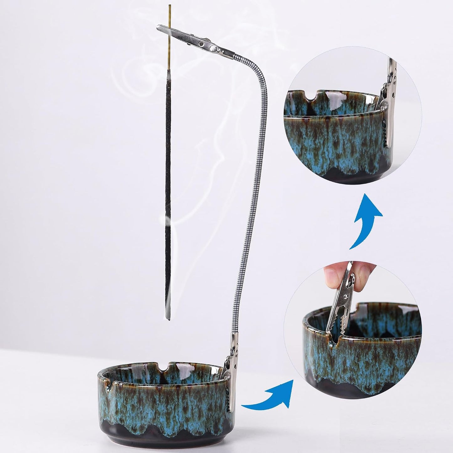 Modern Incense Holder with Flexible Metal Stand, Silver Ash Collector Base, Minimalist Design for Home Meditation and Aromatherapy. (Black + Clip)