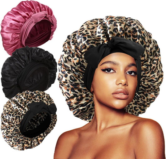 3Pcs Bonnets for Sleeping, Extra Satin Silk Bonnet for Sleeping Women with Tie Band for Curly Hair Jumbo Bonnet Braids