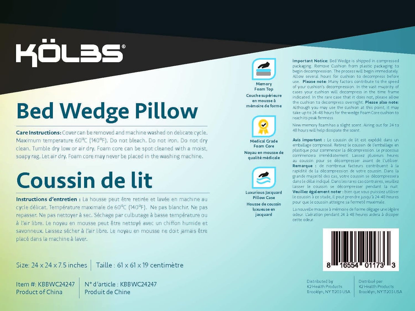 Kolbs Bed Wedge Pillow for Sleep Apnea, FSA Eligible Acid Reflux, and Back Pain Relief, with Chic Jacquard Cover - Headboard Wedges for Sleeping (5" Gentle Incline)