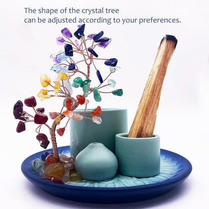 5 in 1 Incense Burner Holder with Crystal Healing Tree, Palo Santo Holder, Sage Holder, Incense Holder for Sticks/Cones/Candles, Ceramic Tray Ash Catcher for Burning Incense, Meditation Gift