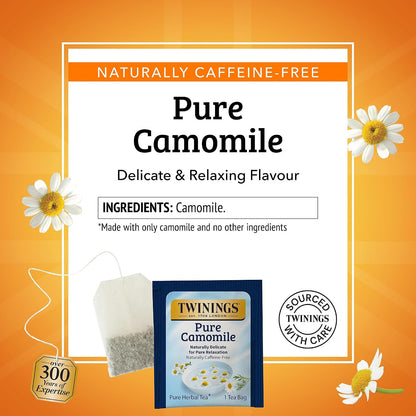 Twinings Pure Camomile Herbal Tea Individually Wrapped Bags, 100 Count (Pack of 1), Delicate for Pure Relaxation, Naturally Caffeine-Free, Enjoy Hot or Iced, 100 Teabags
